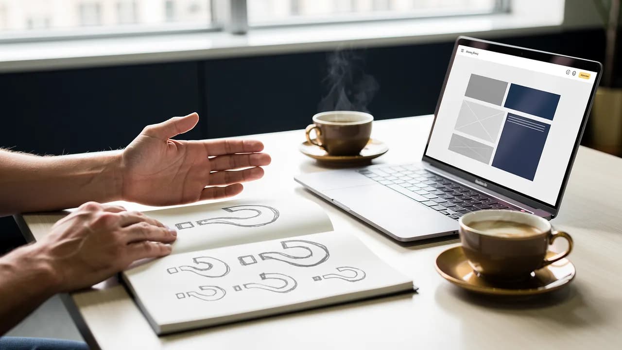 Häufige Fragen zu Website und Webdesign: Beratungsgespräch mit Notizen und Laptop am Besprechungstisch