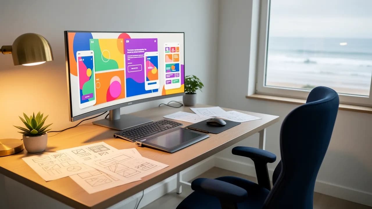 Karriere im Webdesign in Wilhelmshaven: Arbeitsplatz mit Entwürfen am Bildschirm bei Nordseehelden