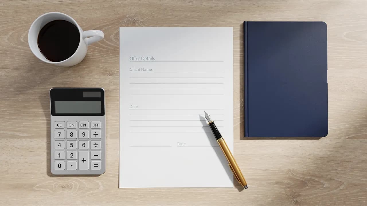Webdesign-Preise zum Festpreis: Angebot für eine Firmenwebsite mit Taschenrechner auf dem Schreibtisch