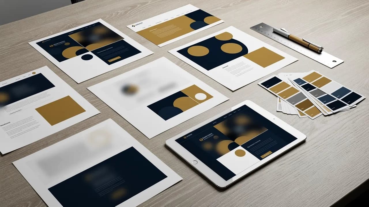 Webdesign-Projekte und Entwürfe: ausgedruckte Seitenentwürfe und ein Tablet mit einer Firmenwebsite auf dem Arbeitstisch