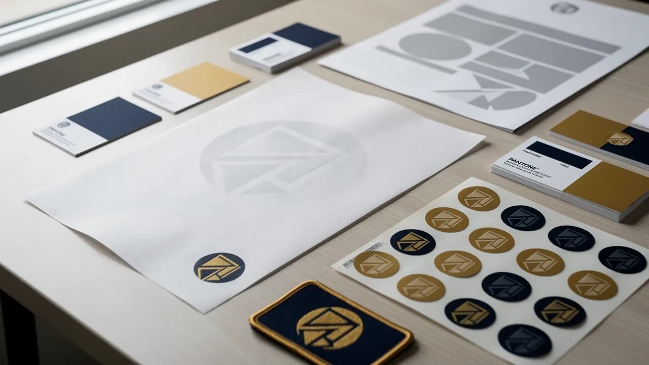 Logo und Corporate Design: Logoentwürfe, Farbmuster und Visitenkarten auf einem Arbeitstisch