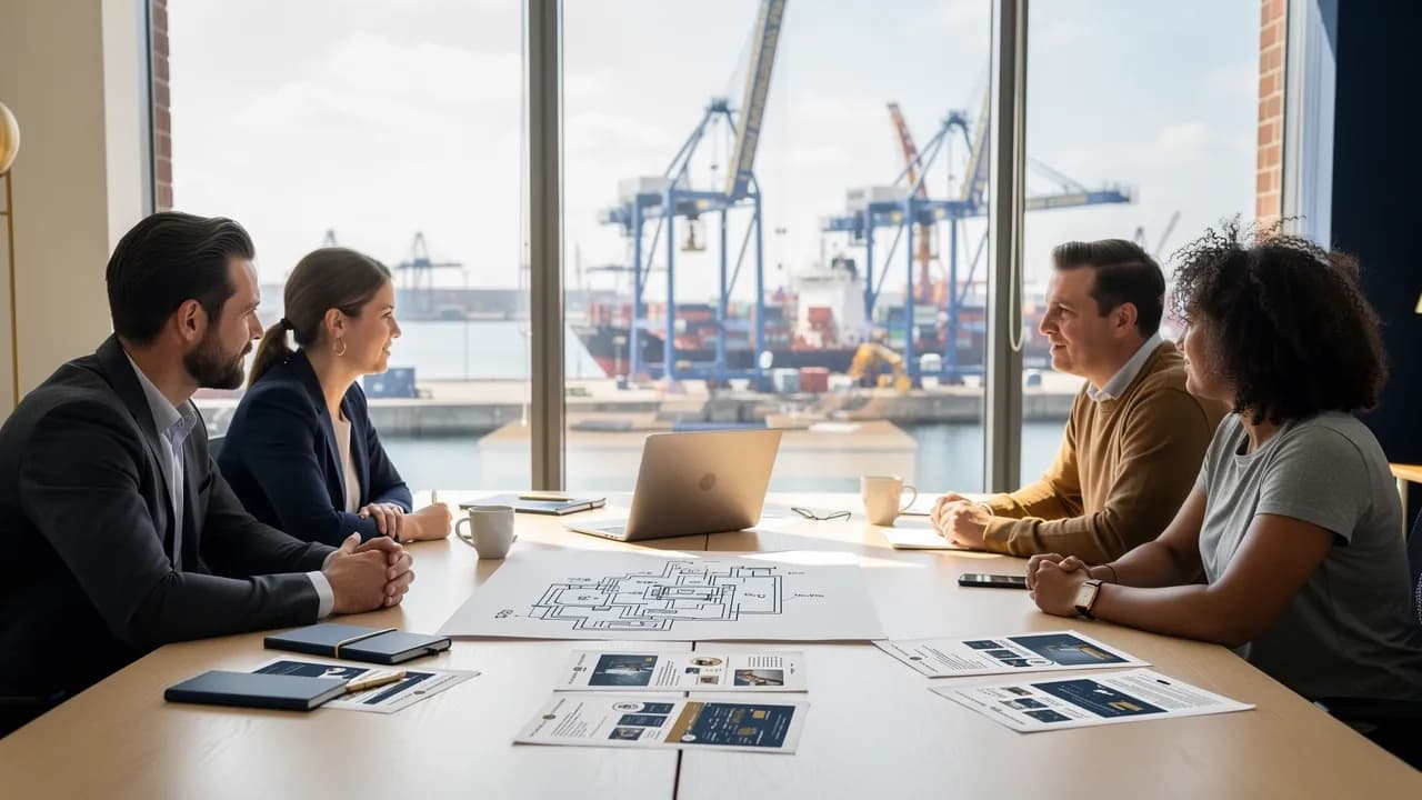 Ablauf eines Webprojekts: Besprechung am Tisch mit Seitenplan, Skizzen und Laptop in einem Büro an der Nordsee
