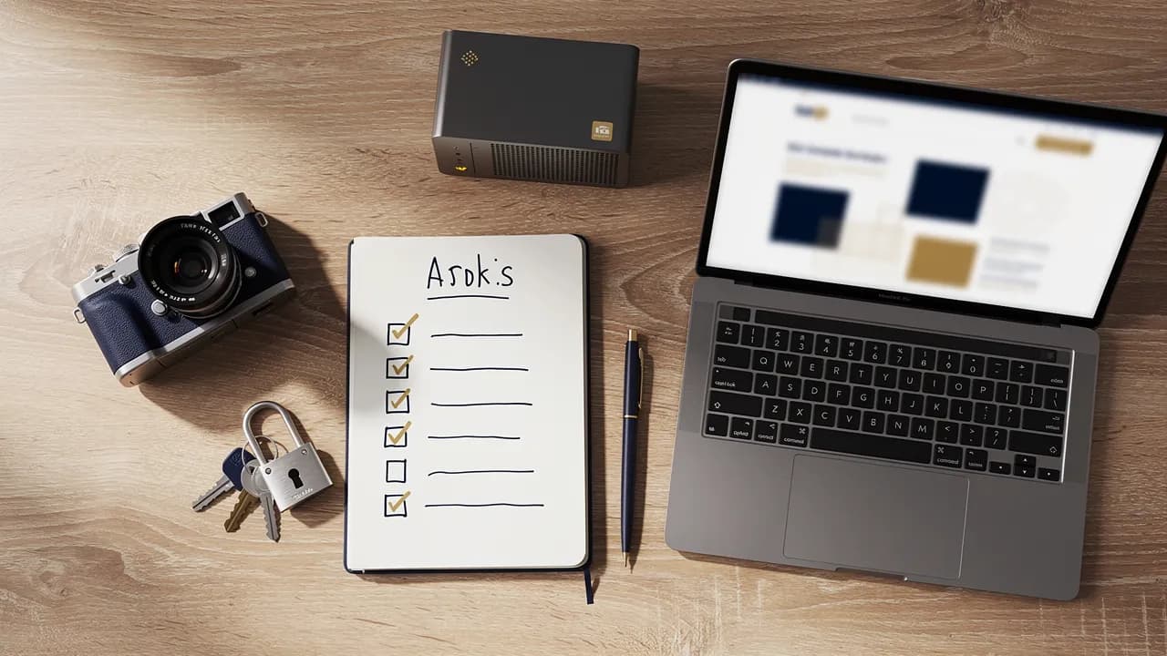 Homepage erstellen in Wilhelmshaven: Schreibtisch mit Notizblock, Domain-Checkliste, Kamera und Laptop mit Seitenentwurf