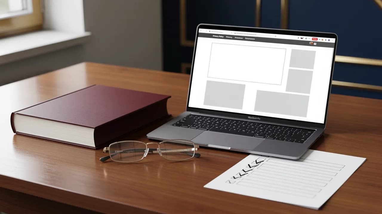 Rechtssichere Website: Laptop mit Impressum und Datenschutzerklärung, daneben ein Gesetzbuch und eine Checkliste