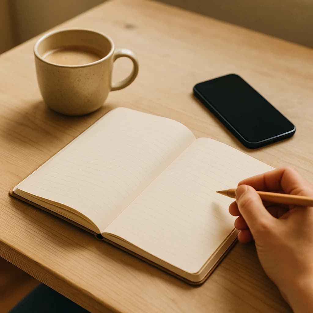 Notizbuch, Kaffee und Handy auf dem Schreibtisch: die Anfrage für eine neue Firmenwebsite