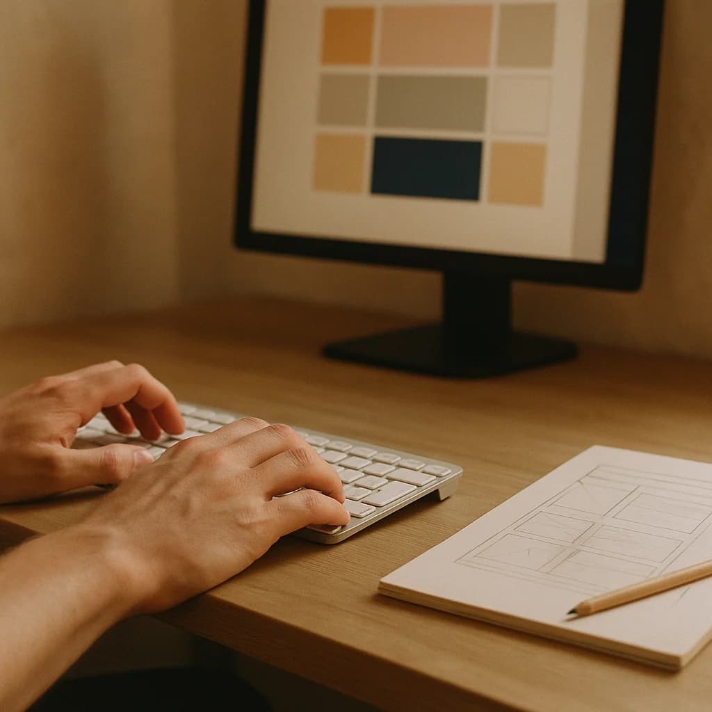 Hände an der Tastatur vor einer Farbpalette am Bildschirm: Webdesign-Entwurf in Arbeit