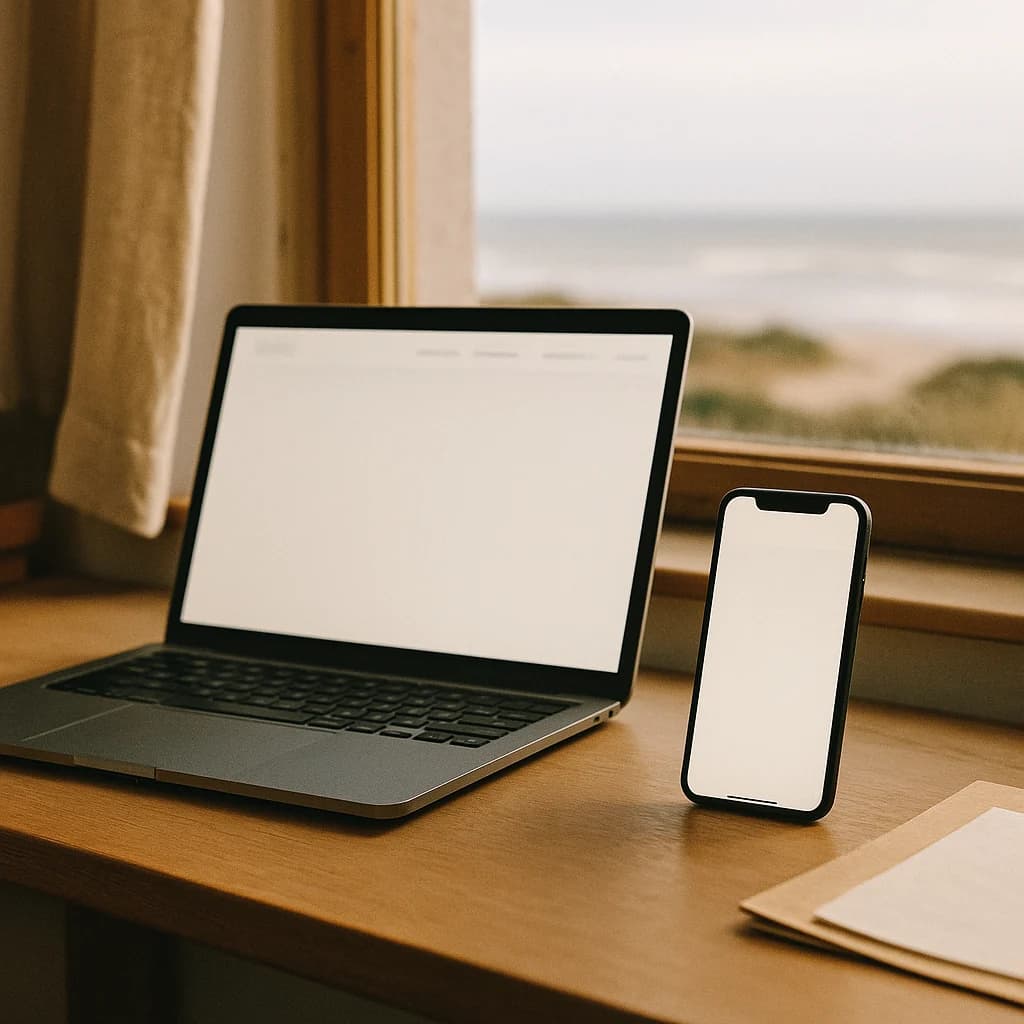 Fertige Website auf Laptop und Handy am Fenster mit Blick auf die Nordsee