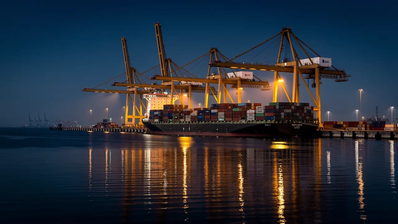 Webseite für die Hafenwirtschaft: Containerterminal mit Containerbrücken am Tiefwasserhafen in der Abenddämmerung