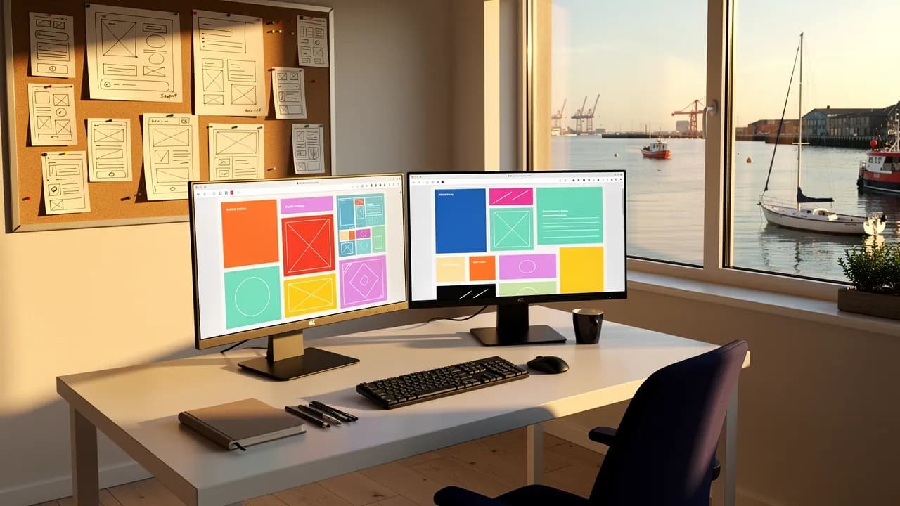 Über uns: Arbeitsplatz der Webdesign-Agentur Nordseehelden in Wilhelmshaven mit Blick auf den Hafen