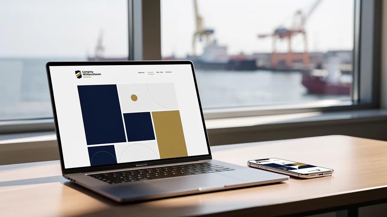 Webdesign aus Wilhelmshaven: Entwurf einer Firmenwebsite auf Laptop und Handy, im Hintergrund der Hafen
