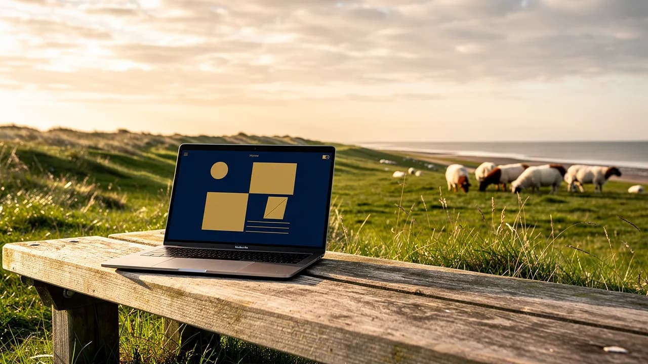 Webdesign in Friesland und dem Nordwesten: Laptop mit einem Website-Entwurf auf einer Bank am Deich an der friesischen Küste