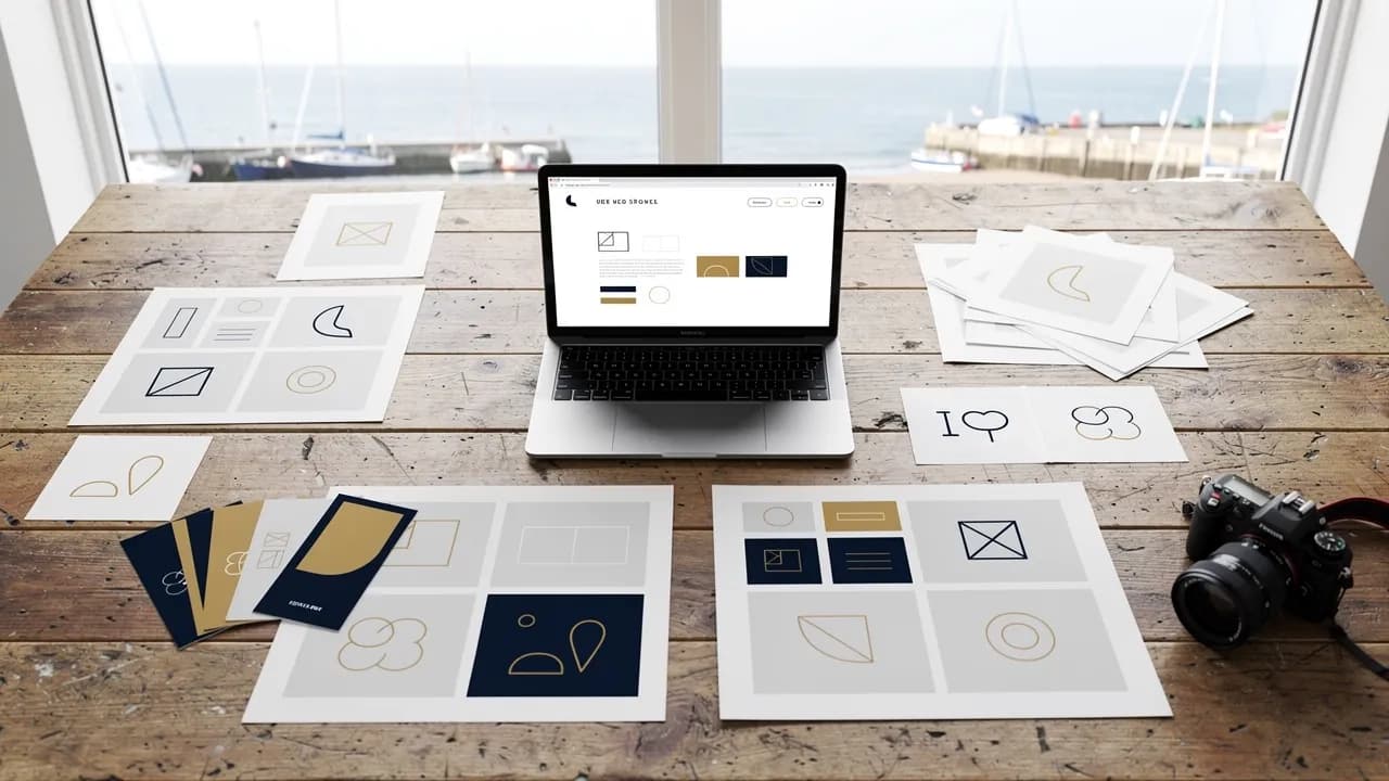 Leistungen einer Webdesign-Agentur: Entwürfe für Website, Logo und Anzeigen auf einem Arbeitstisch