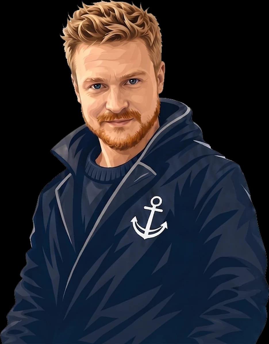Illustrierte Figur von Nordseehelden in Marinejacke mit Anker, Webdesign aus Wilhelmshaven