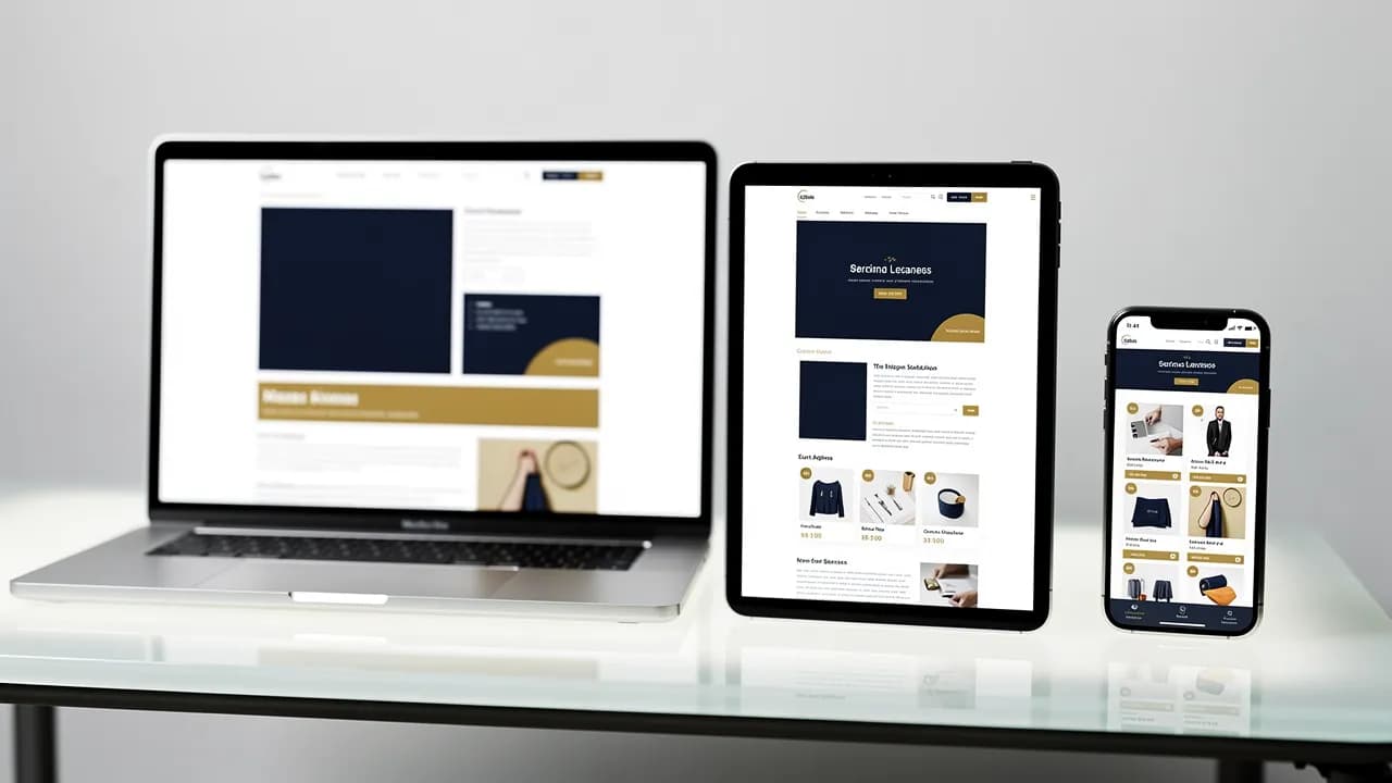 Arten von Webseiten: Visitenkarte, Firmenseite und Onlineshop nebeneinander auf Laptop, Tablet und Smartphone