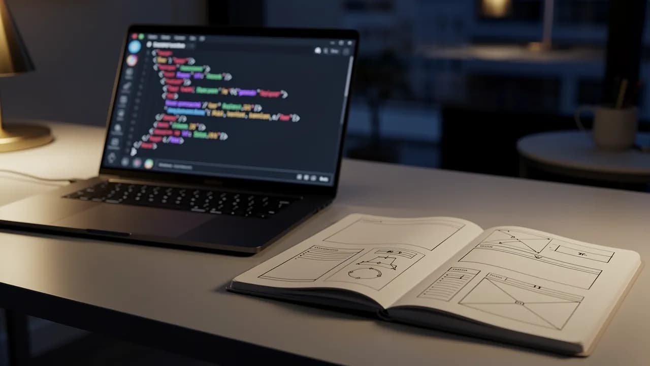 Mit ChatGPT eine Website erstellen: Chatfenster mit HTML-Code auf einem Laptop, daneben Notizen zum Seitenaufbau