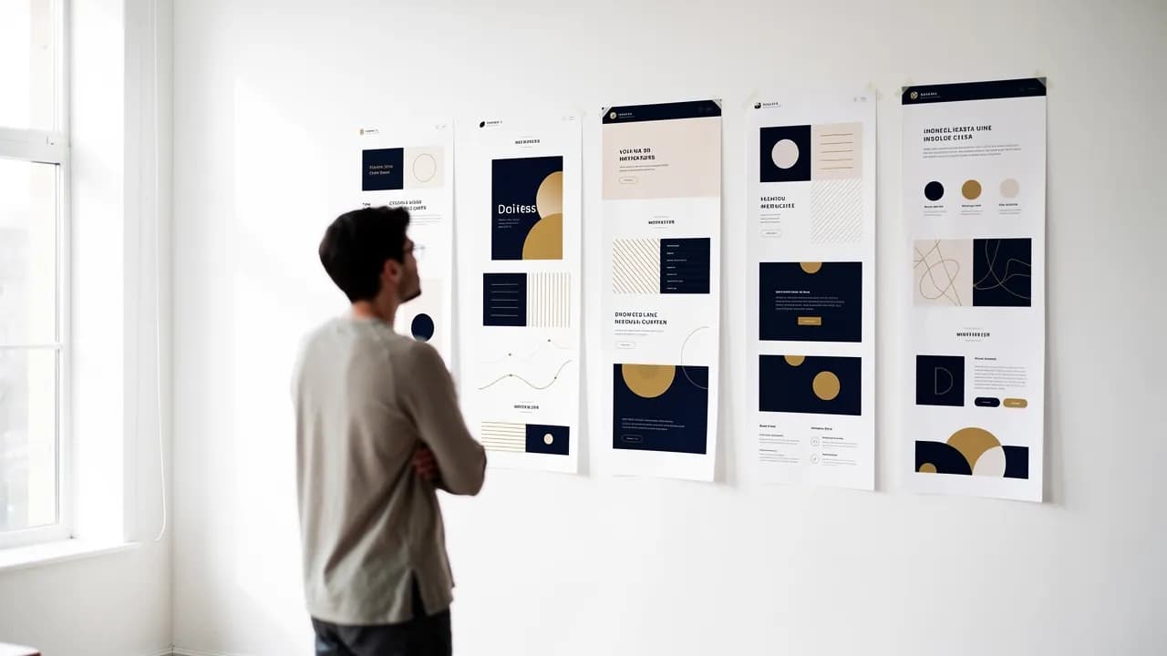 Coole Websites als Beispiele: mehrere gestaltete Webseiten als Ausdrucke an einer Wand in einem hellen Atelier