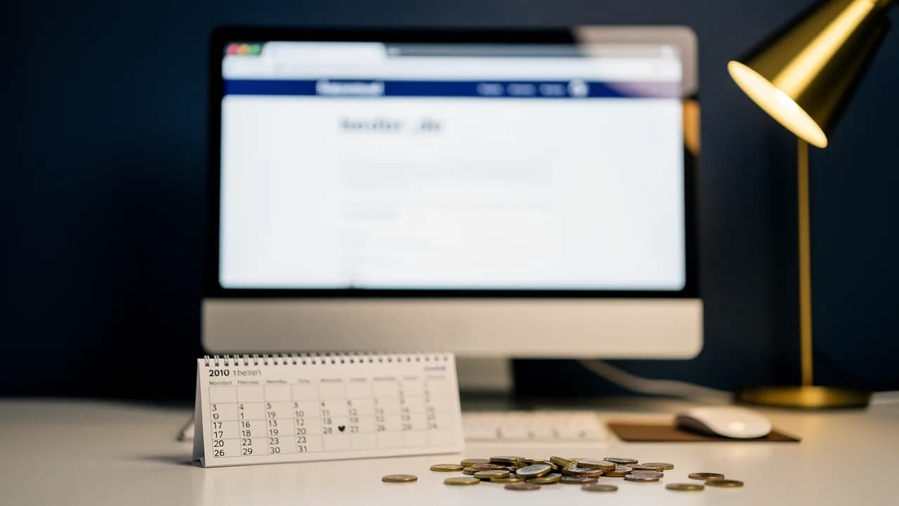 Domain-Kosten pro Jahr: Adressleiste mit .de-Domain auf einem Bildschirm, davor ein Jahreskalender und Münzen