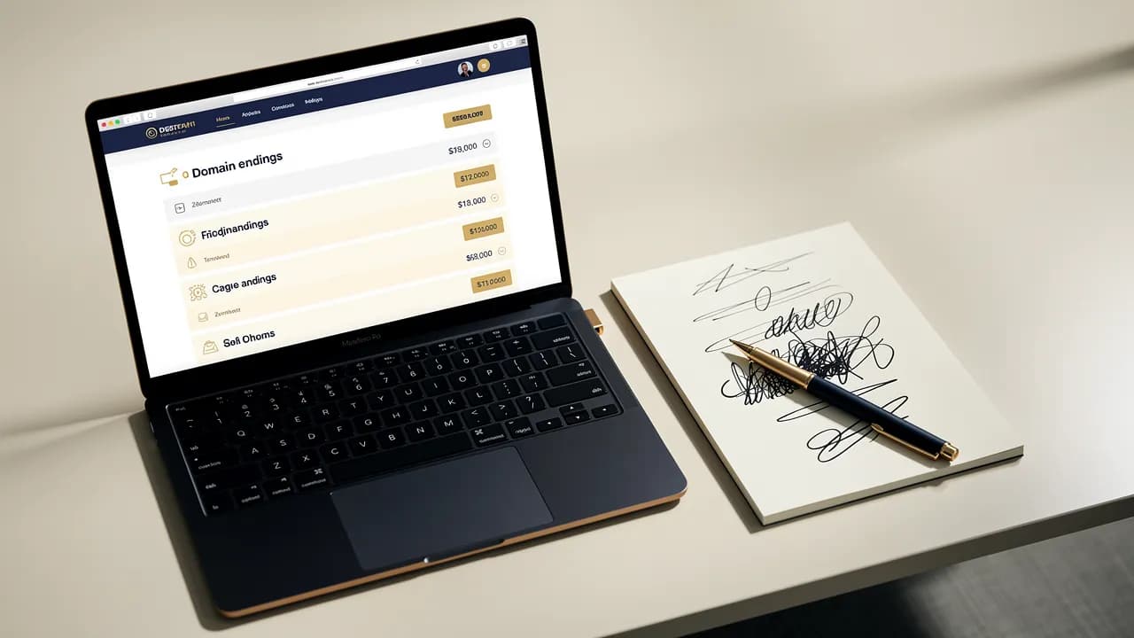 Günstige Domains finden: Liste mit Domainendungen und Preisen auf einem Laptop, daneben ein Notizblock