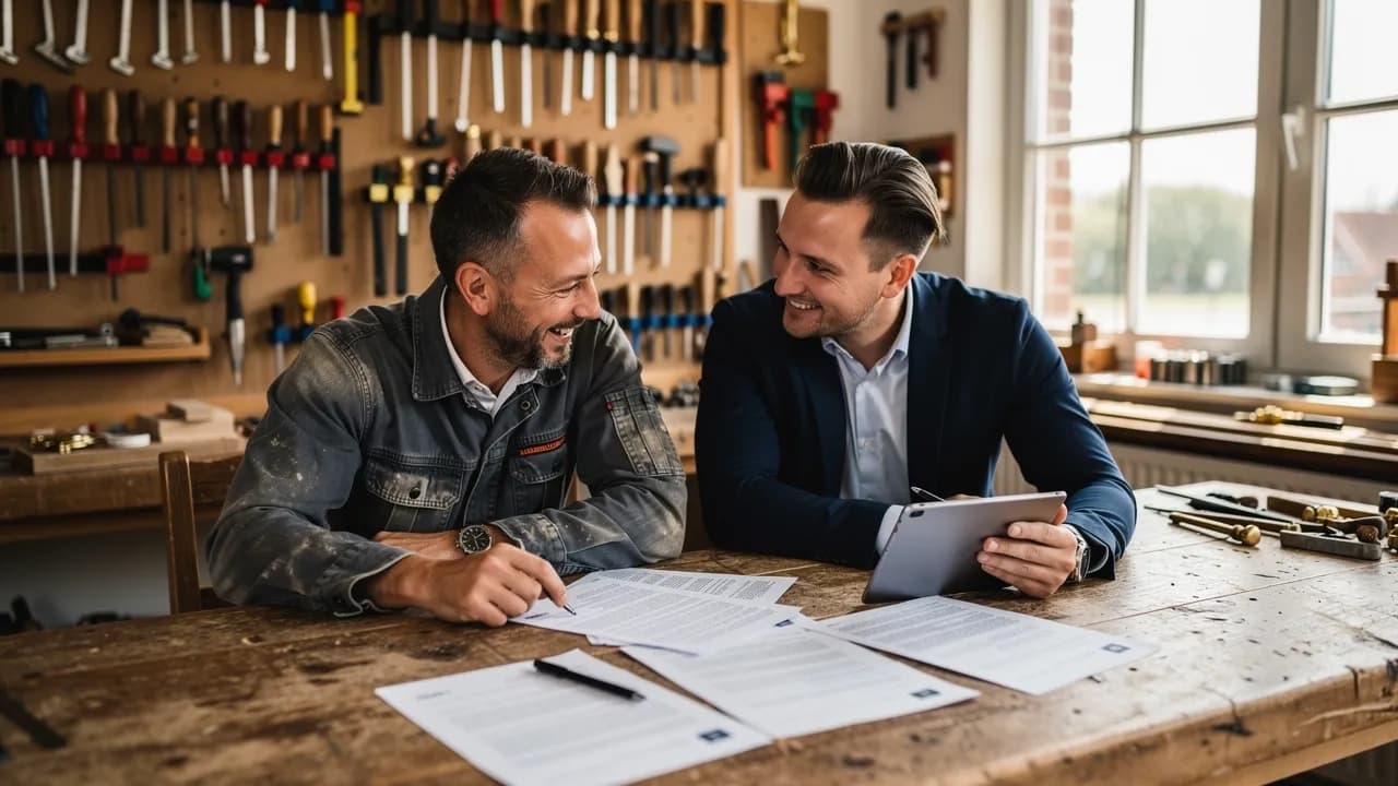 Homepage Agentur Wilhelmshaven: Handwerksmeister und Agenturberater gehen im Betrieb gemeinsam ein Angebot für eine neue Homepage durch