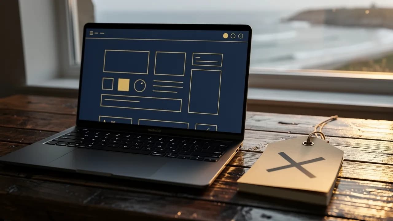 Ist Wix kostenlos: Laptop mit einer Baukasten-Website auf einem Holztisch, daneben ein Notizblock mit durchgestrichenem Preis