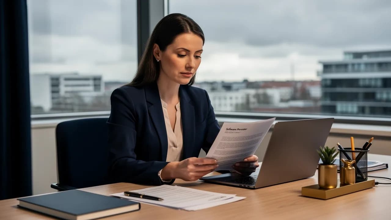 Ist Wix seriös: Geschäftsfrau prüft am Laptop Unterlagen zu einem Website-Anbieter, im Hintergrund ein Bürofenster