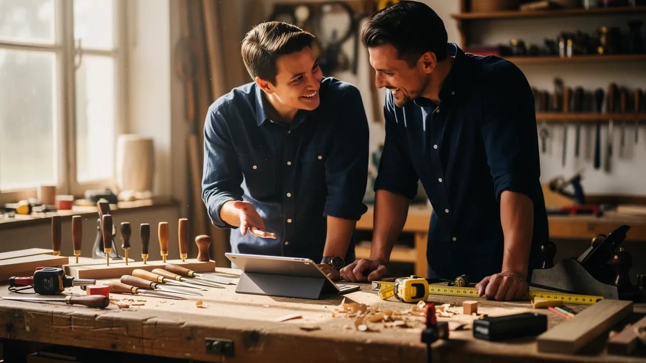 Ist Wix zu empfehlen: zwei Personen besprechen an einem Werkstatttisch eine Website auf dem Tablet