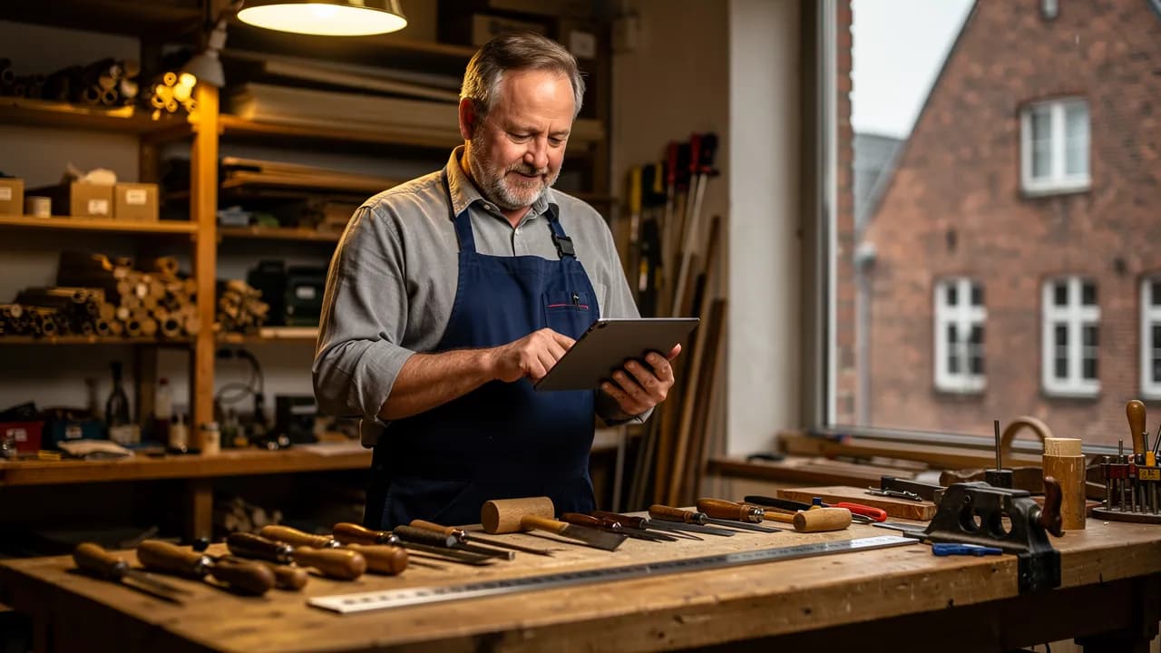 Jimdo Nachteile: Handwerksmeister blickt nachdenklich auf ein Tablet in seiner Werkstatt