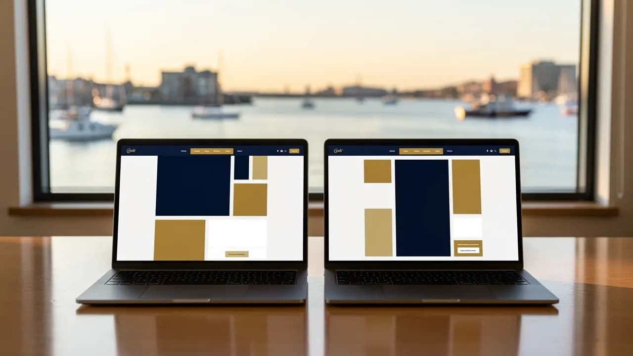 Jimdo oder Wix: zwei Laptops nebeneinander auf einem Tisch mit Blick auf den Hafen, auf beiden eine Baukasten-Website