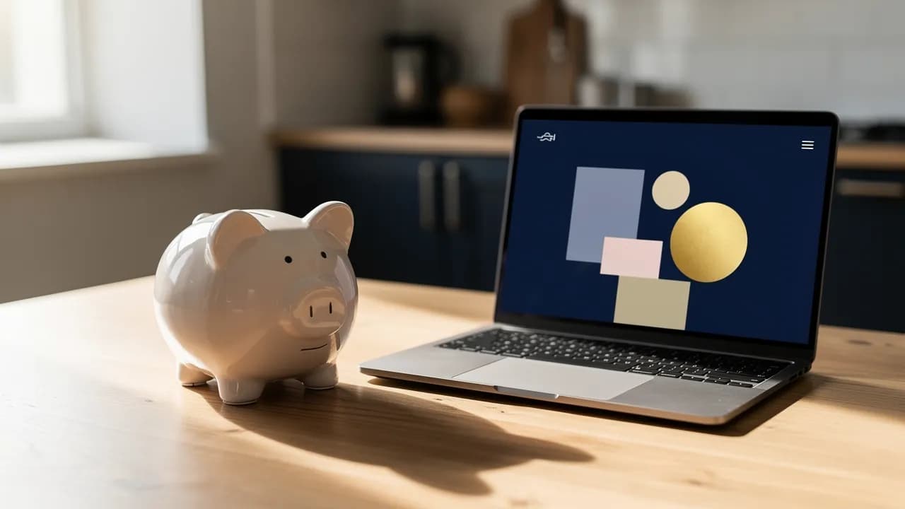 Komplett kostenlose Website: leeres Sparschwein neben einem Laptop mit einfacher Website auf einem Küchentisch