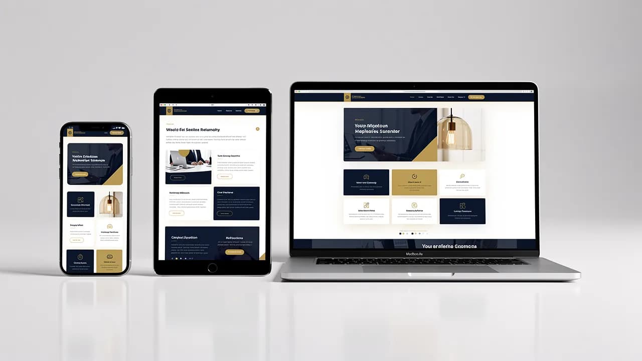 Responsive Webdesign: dieselbe Firmenwebsite auf Smartphone, Tablet und Laptop mit angepasstem Layout