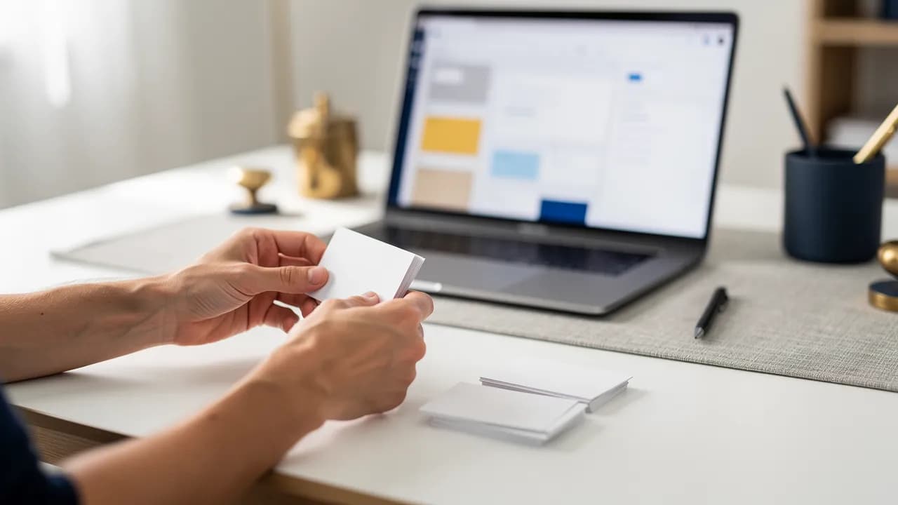 Was ist bei Wix kostenlos: Hände sortieren Karteikarten mit Website-Funktionen auf einem hellen Schreibtisch