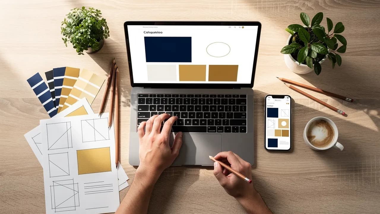 Webdesign-Agentur bei der Arbeit: Entwurfsskizzen, Farbmuster und eine Firmenwebsite auf Laptop und Smartphone