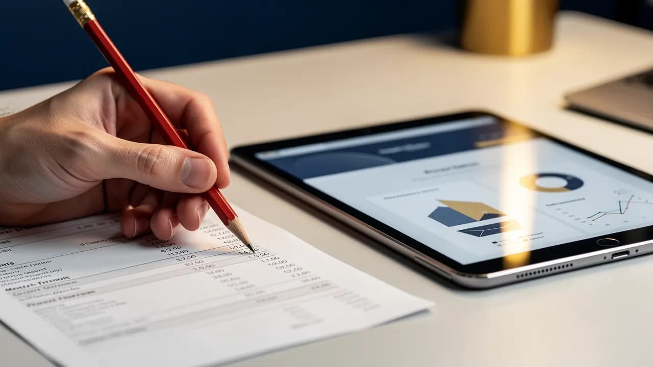 Was eine Webseite pro Monat kosten sollte: Hand prüft eine monatliche Rechnung mit Rotstift neben einem Tablet