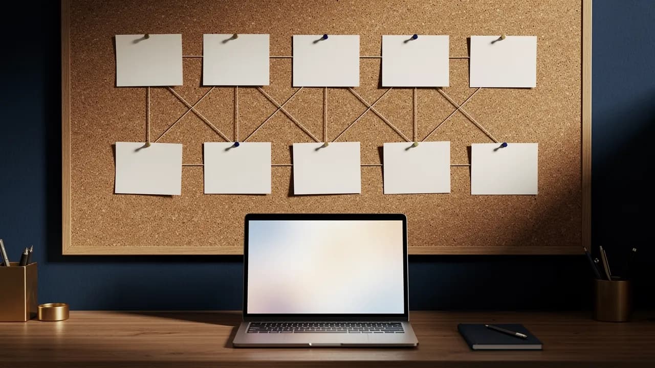 Website mit 10 Seiten, Kosten geplant: Seitenplan mit zehn Karten an einer Pinnwand neben einem Laptop