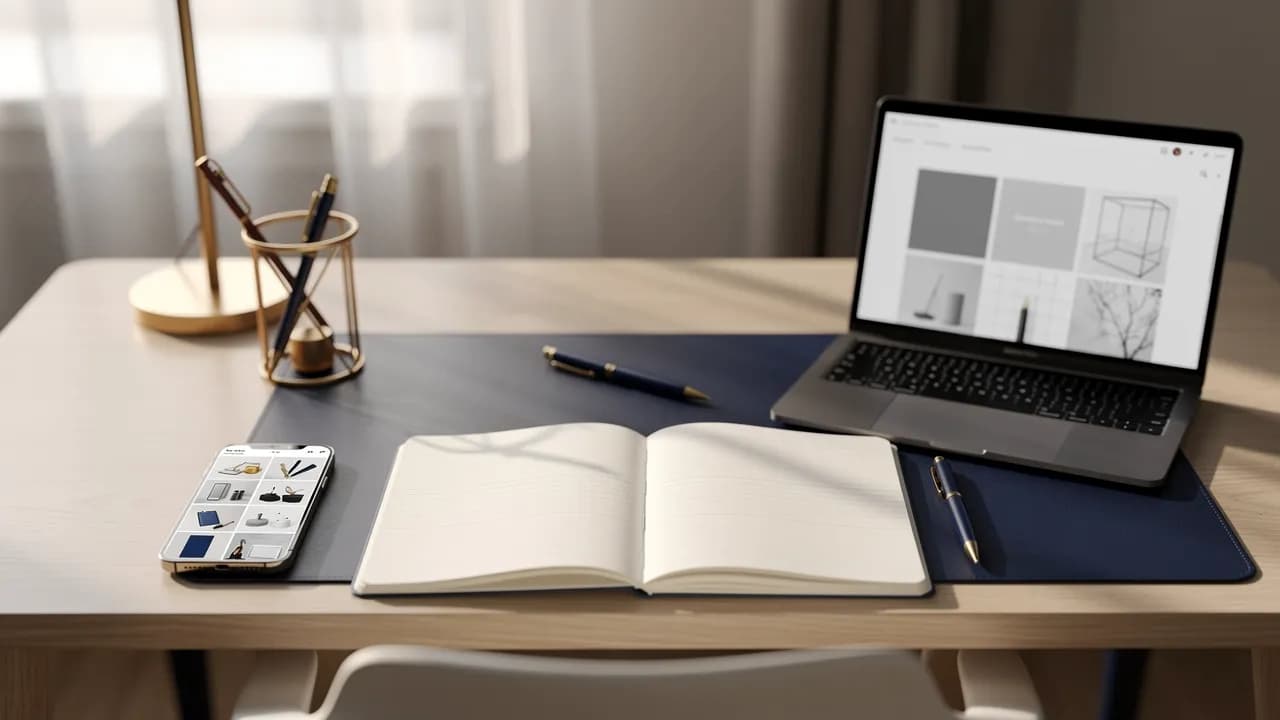 Website erstellen als Anfänger: Schreibtisch mit Notizbuch voller Schritte, Smartphone-Fotos und Laptop mit Baukasten