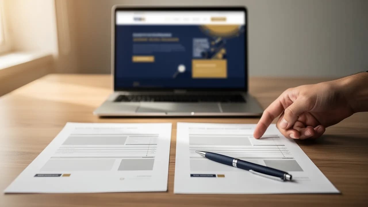 Website erstellen lassen, Kosten im Blick: zwei Angebote nebeneinander auf einem Tisch, dahinter ein Laptop mit Seitenentwurf