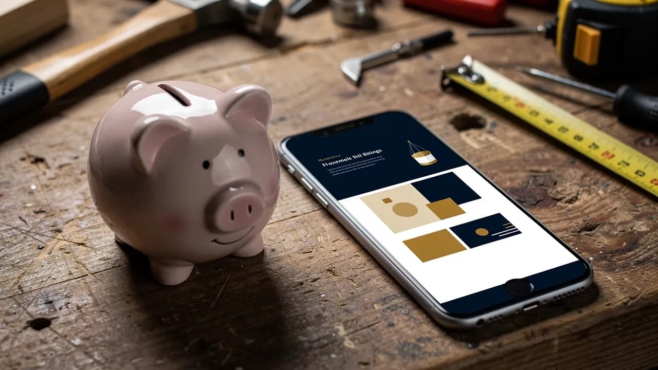 Website günstig erstellen lassen: Sparschwein und Smartphone mit einer schlichten Firmenseite auf einer Werkbank