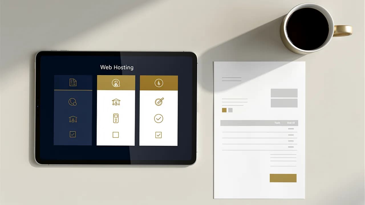 Website-Kosten bei 1&1 IONOS: Tarifübersicht auf einem Tablet neben einer Rechnung mit Aktions- und Regelpreis