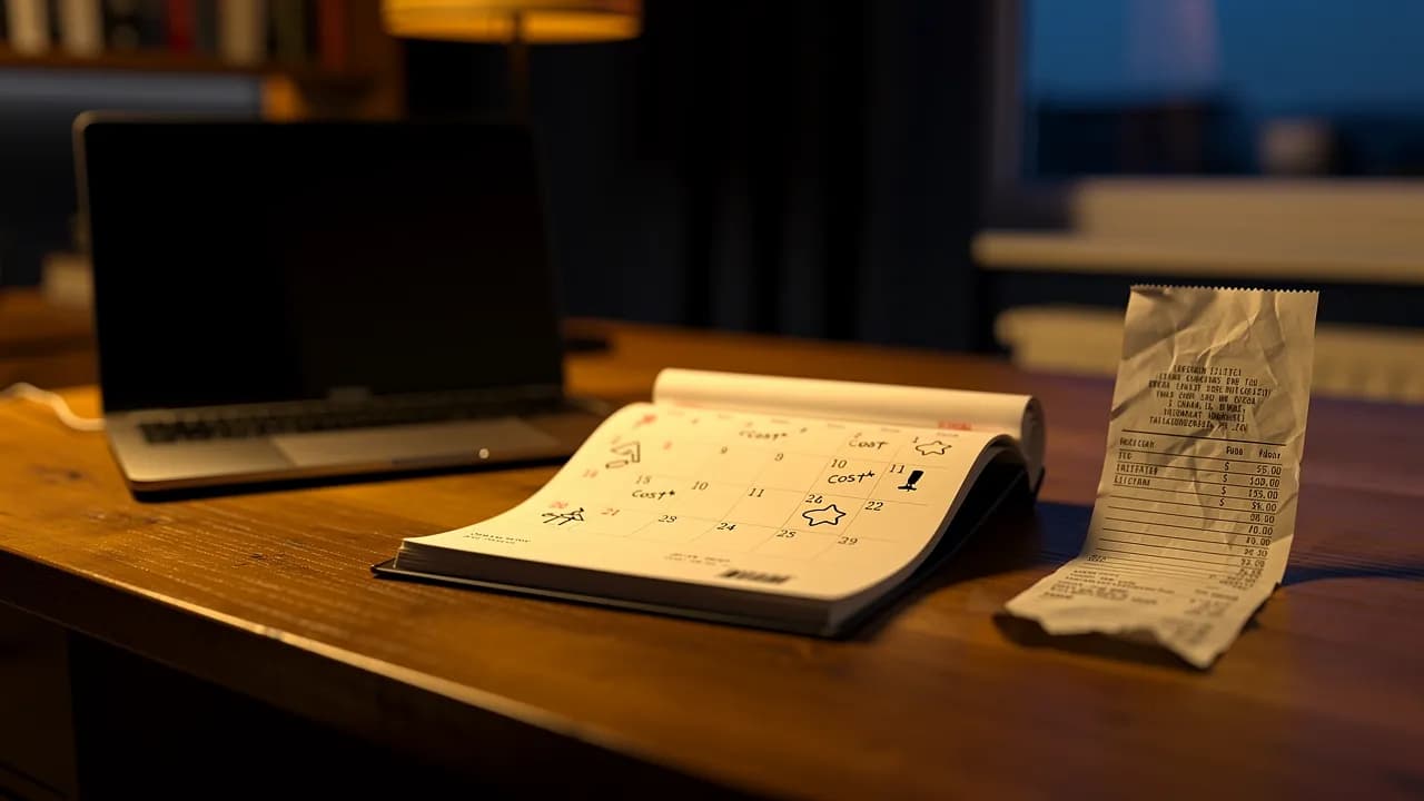 Website-Kosten pro Monat: Monatskalender mit Posten für Domain, Hosting und Pflege neben einem Laptop