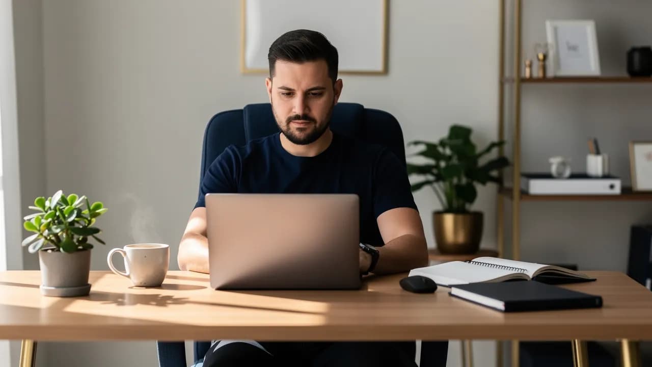 Website mit 1&1 erstellen: Inhaberin eines kleinen Betriebs richtet am Laptop im Büro einen Homepage-Baukasten ein