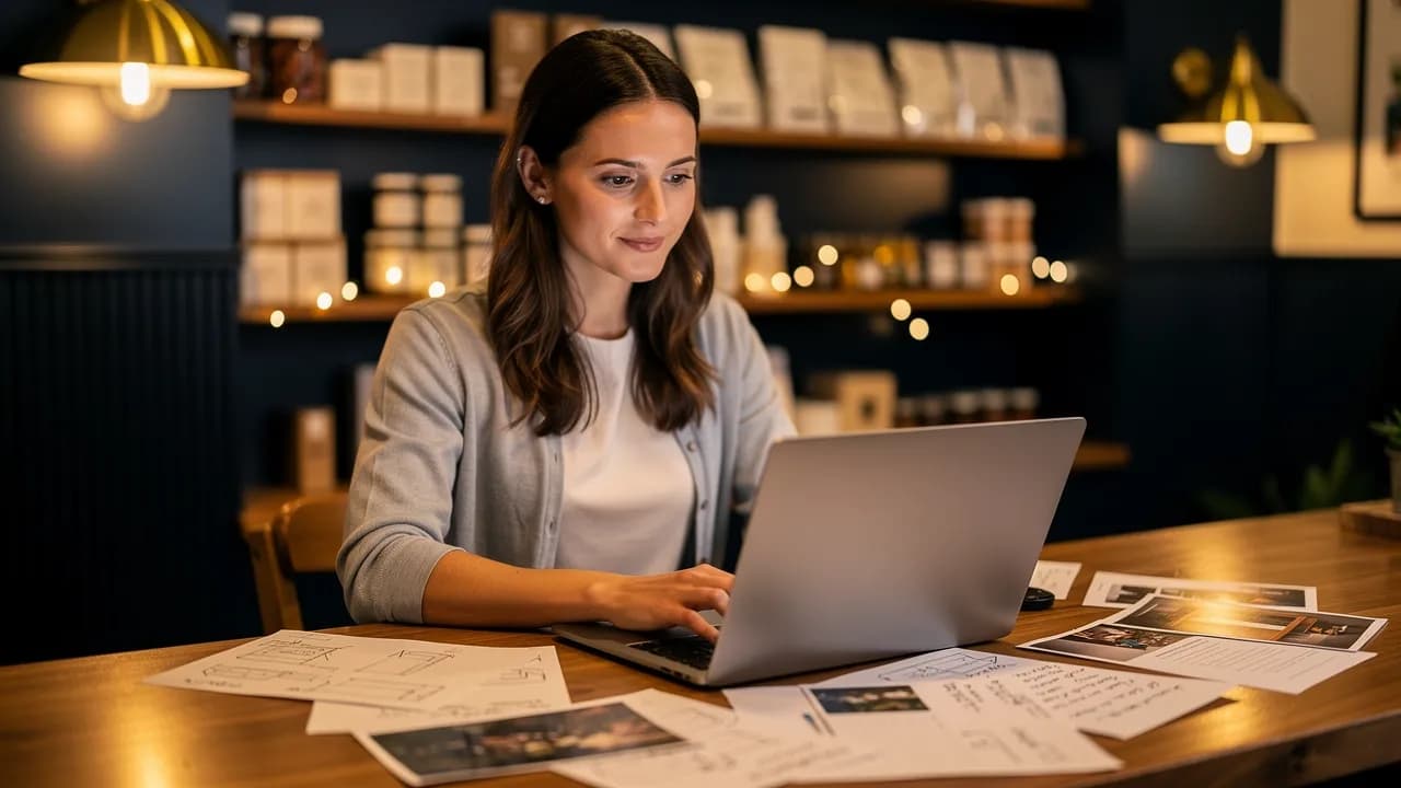 Website mit Wix erstellen: Frau baut am Laptop in ihrem kleinen Laden eine Website, daneben liegen Fotos und Notizen