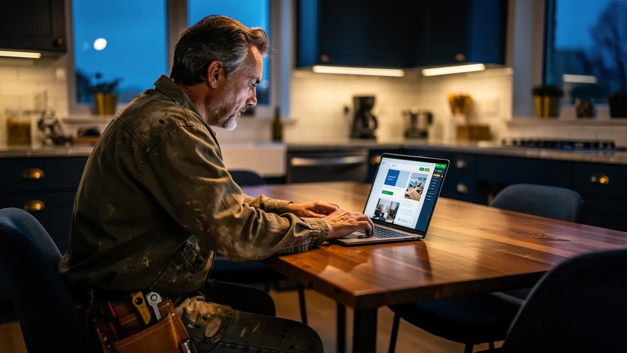 Website selbst erstellen: Handwerker baut abends am Küchentisch mit einem Baukasten seine Firmenseite am Laptop