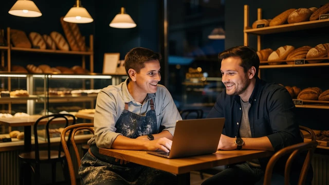Wer kann mir meine Website erstellen: Inhaberin eines kleinen Betriebs im Gespräch mit einem Webdesigner am Laptop