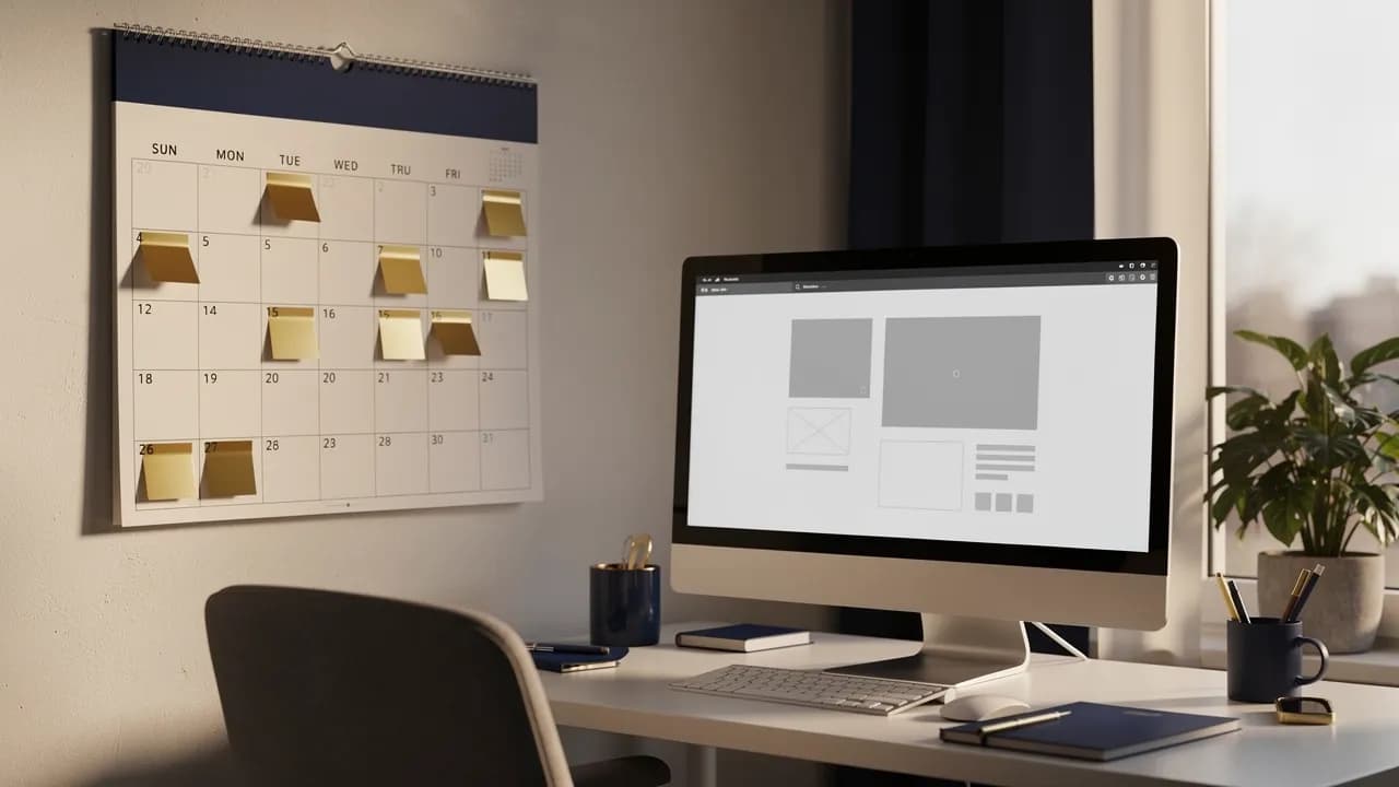 Wie lange dauert eine Website: Wandkalender mit markierten Projektwochen neben einem Bildschirm mit Seitenentwurf