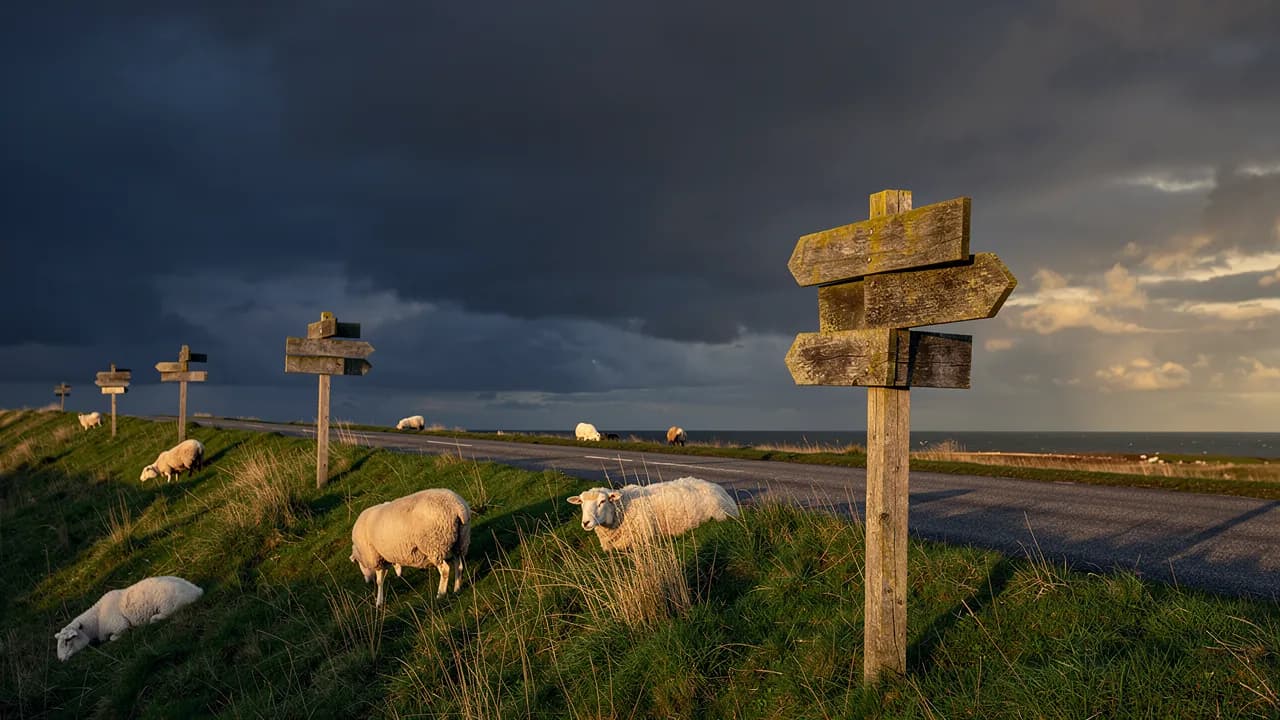 Wix Alternativen: mehrere Wegweiser an einer Küstenstraße an der Nordsee zeigen in verschiedene Richtungen