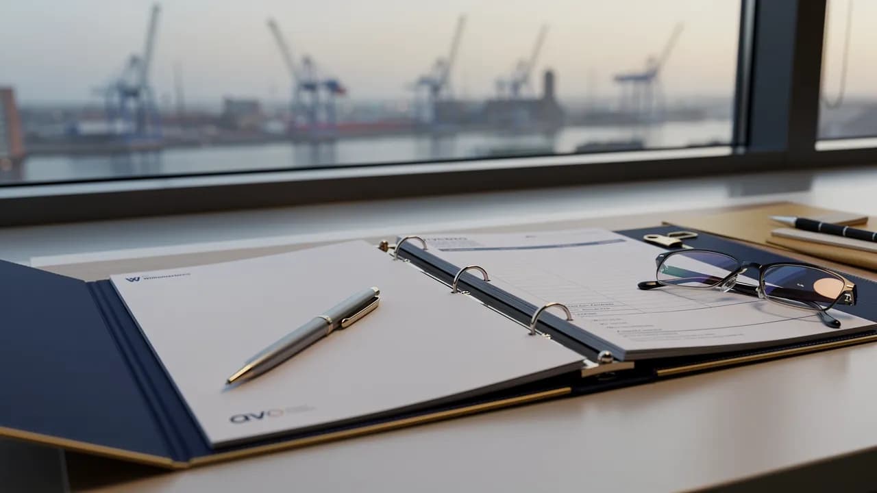 Wix Jahresgebühr: aufgeschlagener Ordner mit Jahresrechnung, Stift und Brille auf einem Schreibtisch am Fenster