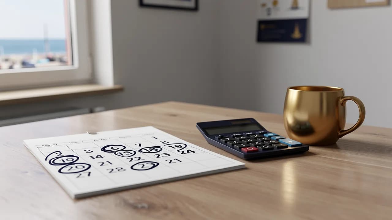 Wix Kosten pro Monat: Wandkalender mit markierten Monaten neben einem Taschenrechner und Kaffeebecher