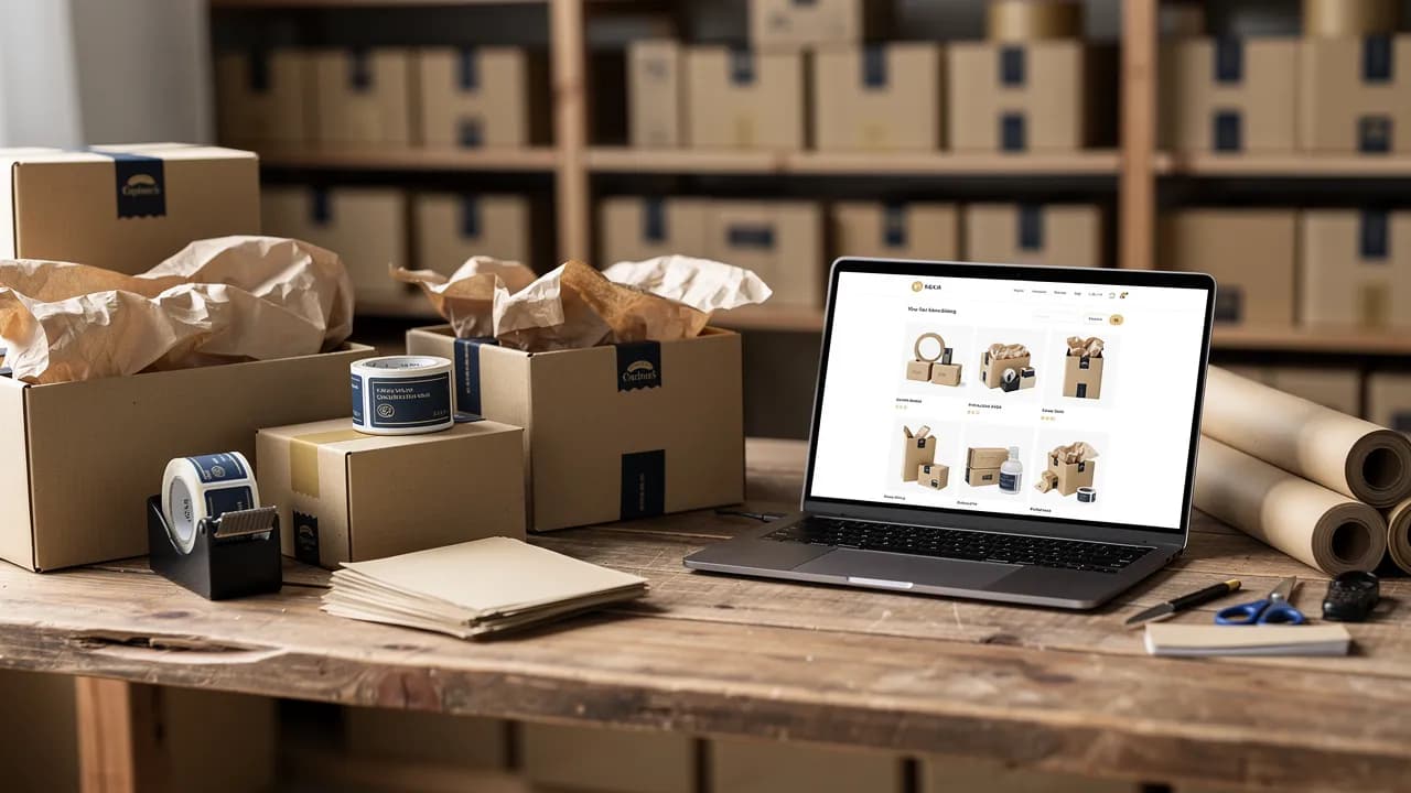 Wix oder Shopify: kleine Manufaktur packt Pakete für den Versand, daneben ein Laptop mit Onlineshop