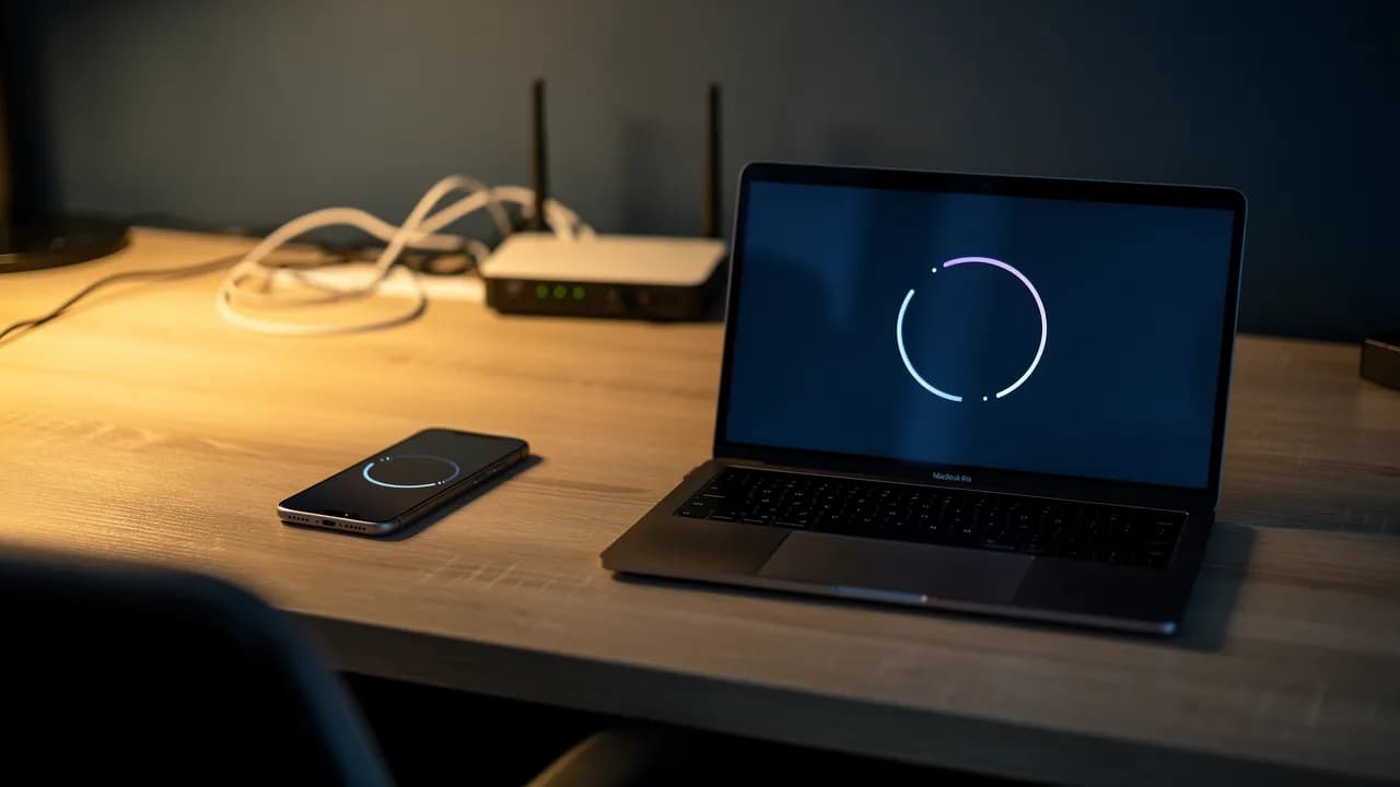 Wix Störung prüfen: Smartphone und Laptop mit Ladeanzeige nebeneinander auf einem Schreibtisch bei Abendlicht