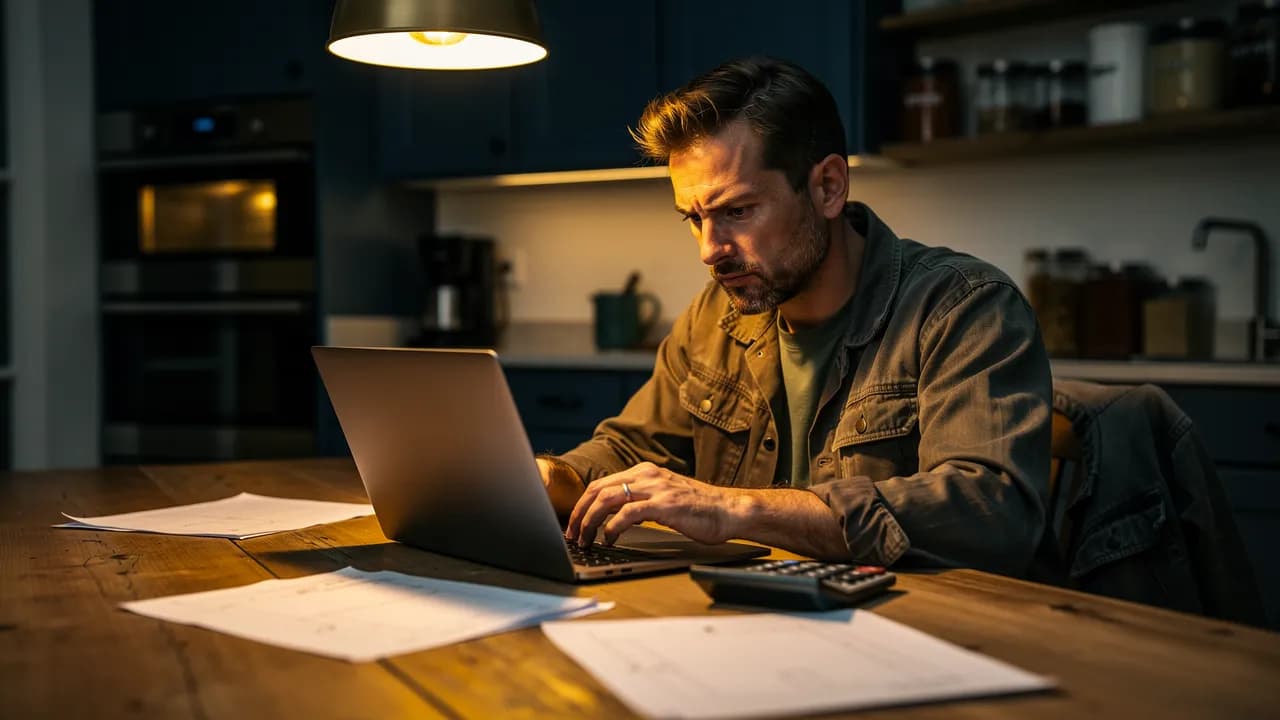 Wix Website Kosten: Handwerker am Küchentisch rechnet abends mit Laptop und Taschenrechner die Kosten seiner Website aus
